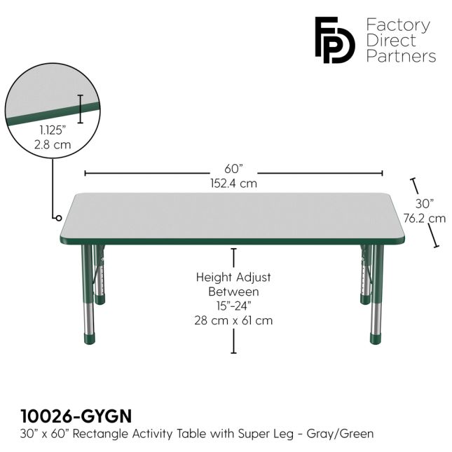 30" x 60" Rectangle Activity Table with Adjustable Chunky Legs - Gray/Green