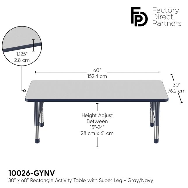 30" x 60" Rectangle Activity Table with Adjustable Chunky Legs - Gray/Navy