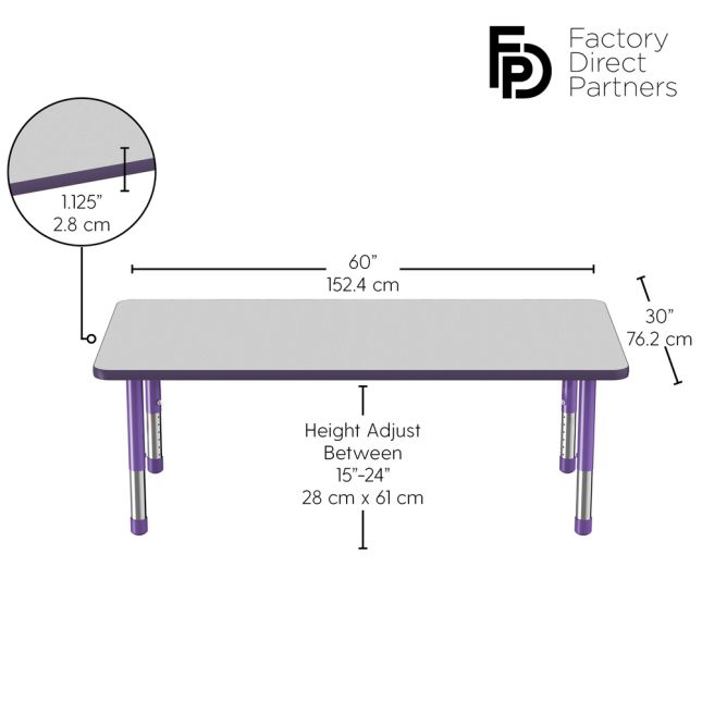 30" x 60" Rectangle Activity Table with Adjustable Chunky Legs - Gray/Purple