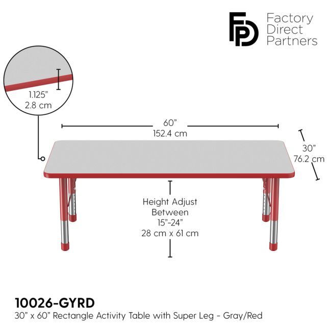 30" x 60" Rectangle Activity Table with Adjustable Chunky Legs - Gray/Red