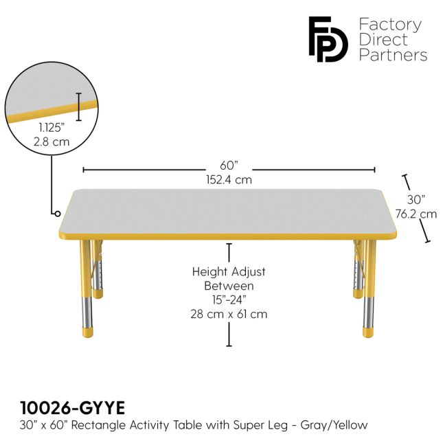30" x 60" Rectangle Activity Table with Adjustable Chunky Legs - Gray/Yellow