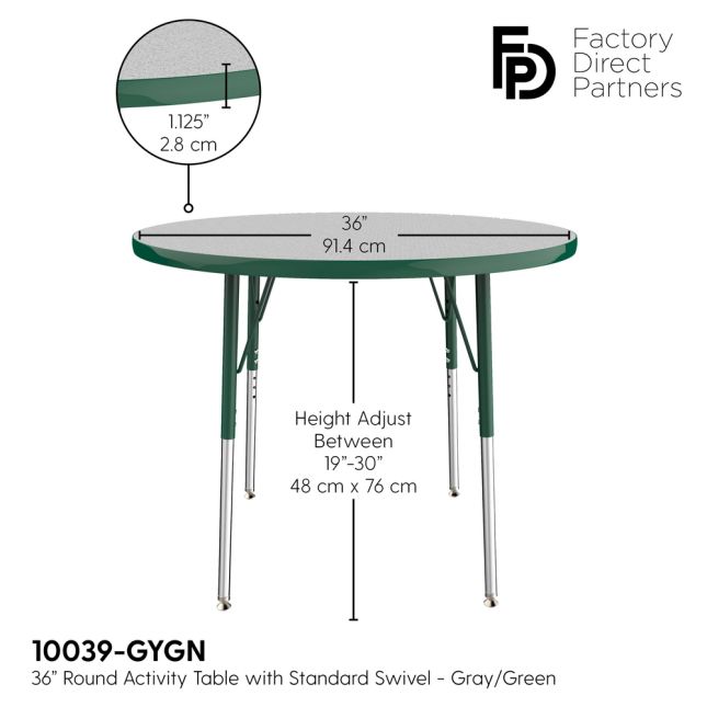 36" Round Activity Table with Adjustable Swivel Glide Legs - Gray/Green