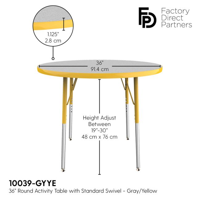 36" Round Activity Table with Adjustable Swivel Glide Legs - Gray/Yellow