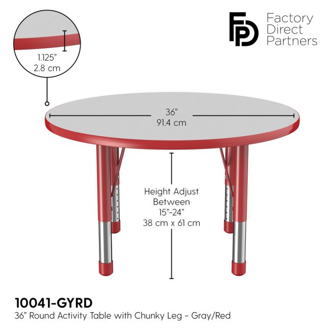 36" Round Activity Table with Adjustable Chunky Legs - Gray/Red