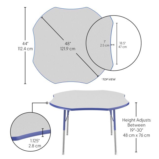 48" x 48" Clover Activity Table with Adjustable Swivel Glide Legs - Gray/Blue