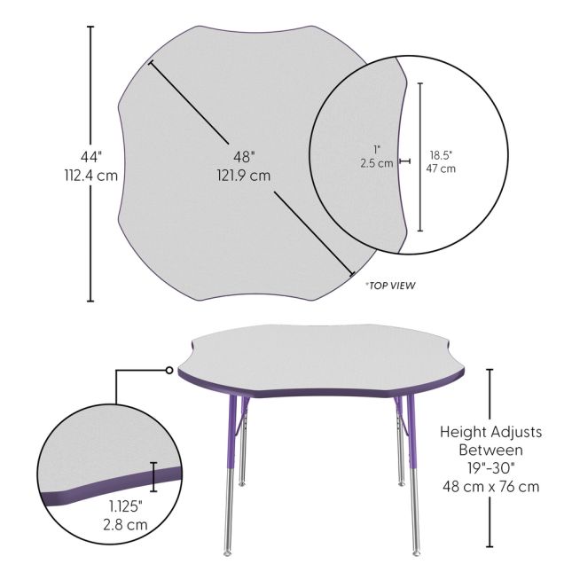 48" x 48" Clover Activity Table with Adjustable Swivel Glide Legs - Gray/Purple