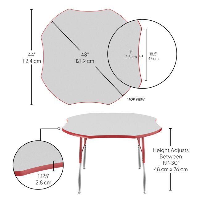 48" x 48" Clover Activity Table with Adjustable Swivel Glide Legs - Gray/Red
