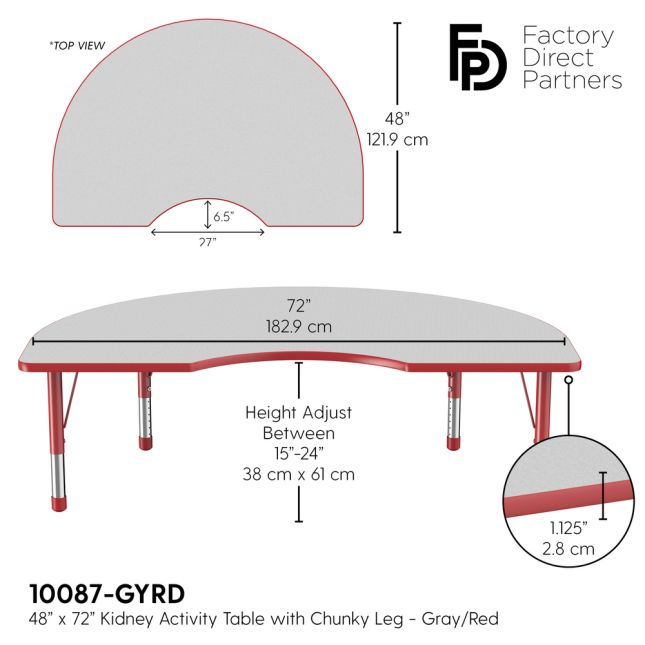 48" x 72" Kidney Activity Table with Adjustable Chunky Legs - Gray/Red