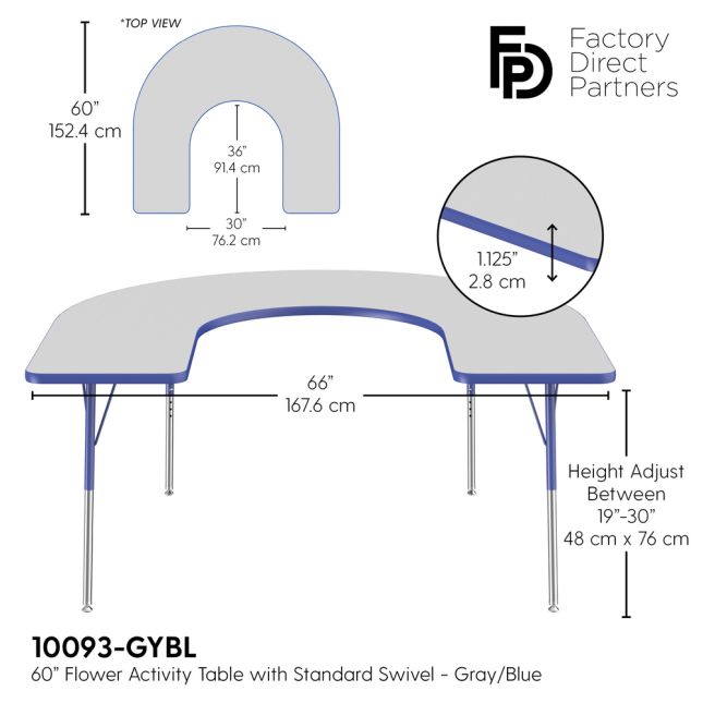 60" x 66" Horseshoe Activity Table with Adjustable Swivel Glide Legs - Gray/Blue
