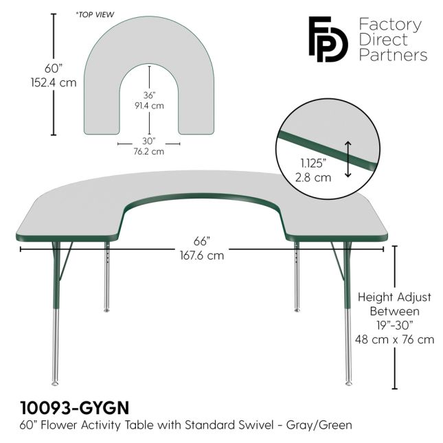 60" x 66" Horseshoe Activity Table with Adjustable Swivel Glide Legs - Gray/Green