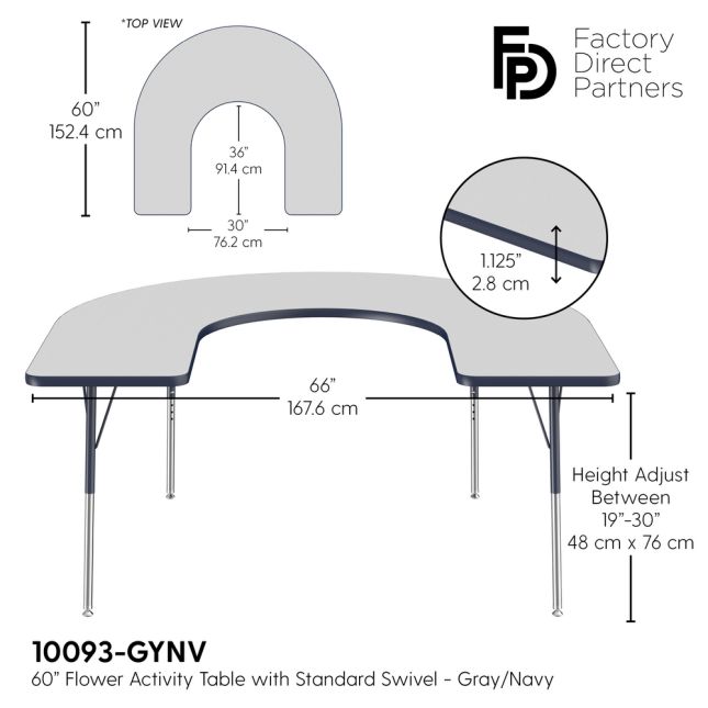 60" x 66" Horseshoe Activity Table with Adjustable Swivel Glide Legs - Gray/Navy