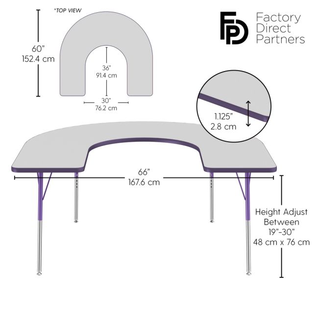 60" x 66" Horseshoe Activity Table with Adjustable Swivel Glide Legs - Gray/Purple
