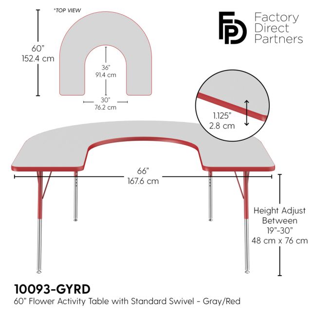 60" x 66" Horseshoe Activity Table with Adjustable Swivel Glide Legs - Gray/Red