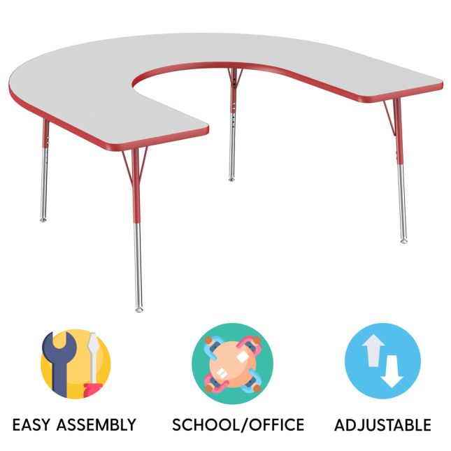 60" x 66" Horseshoe Activity Table with Adjustable Swivel Glide Legs - Gray/Red