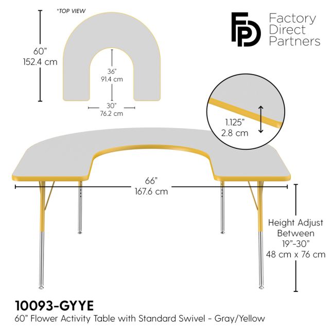 60" x 66" Horseshoe Activity Table with Adjustable Swivel Glide Legs - Gray/Yellow