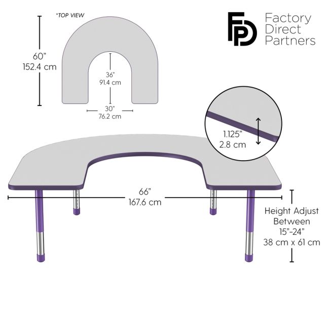 60" x 66" Horseshoe Activity Table with Adjustable Chunky Legs - Gray/Purple