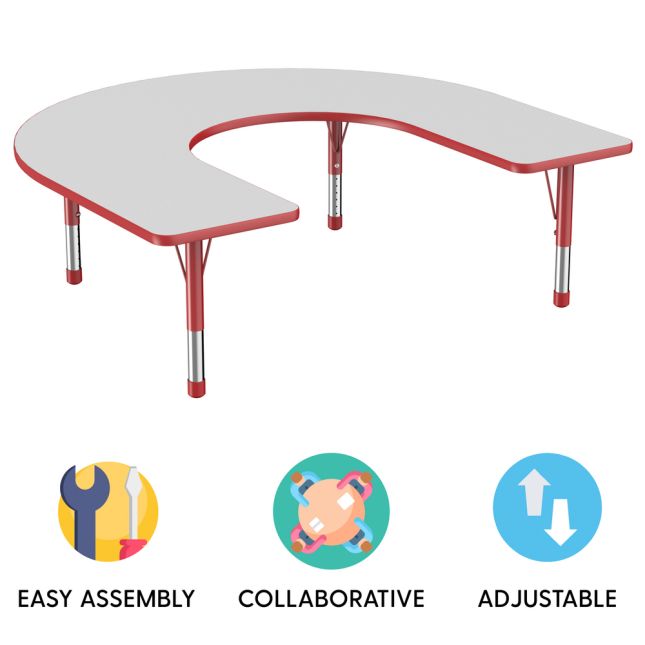 60" x 66" Horseshoe Activity Table with Adjustable Chunky Legs - Gray/Red