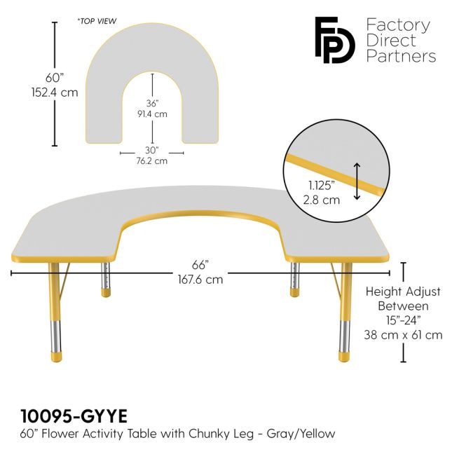 60" x 66" Horseshoe Activity Table with Adjustable Chunky Legs - Gray/Yellow
