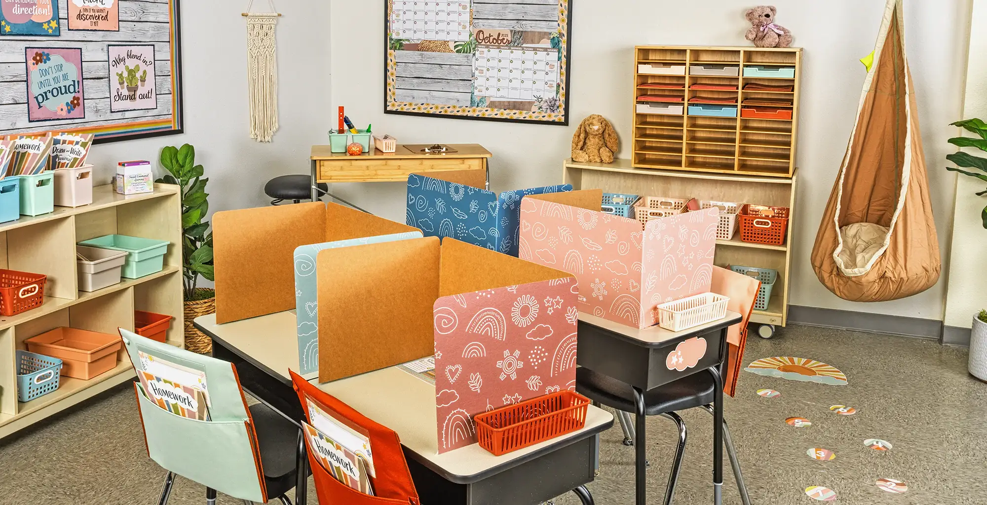 Boho-inspired classroom with warm neutrals and colorful desk dividers