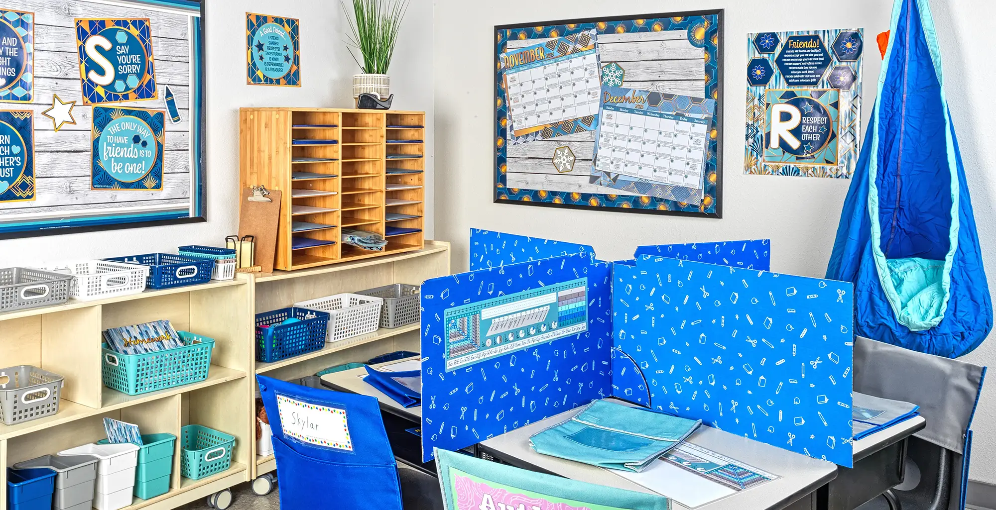 Classroom decorated in soothing blue and aqua colors