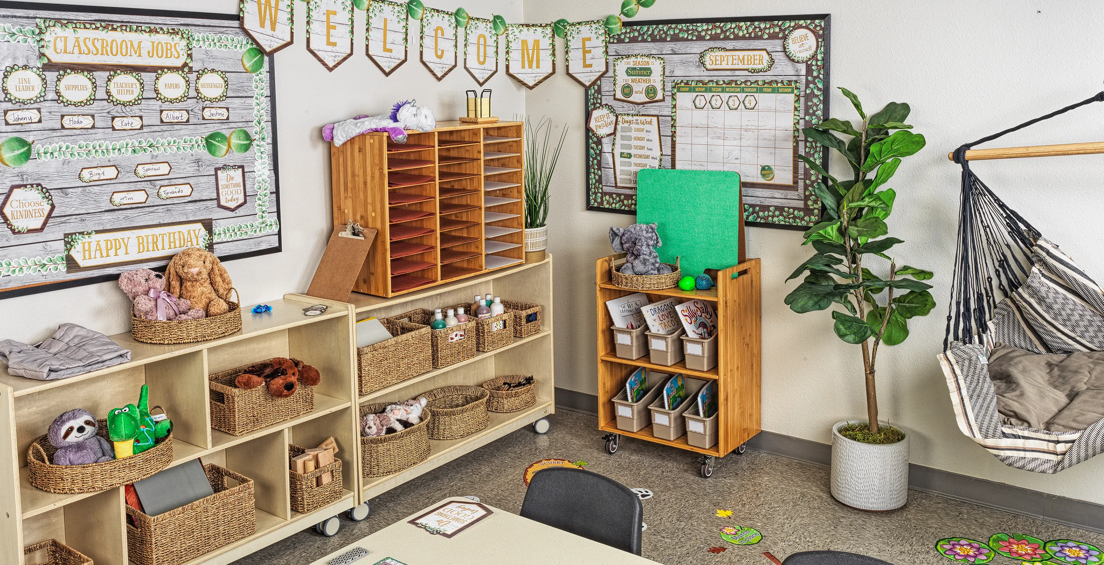 Modern farmhouse classroom with natural textures and green accents