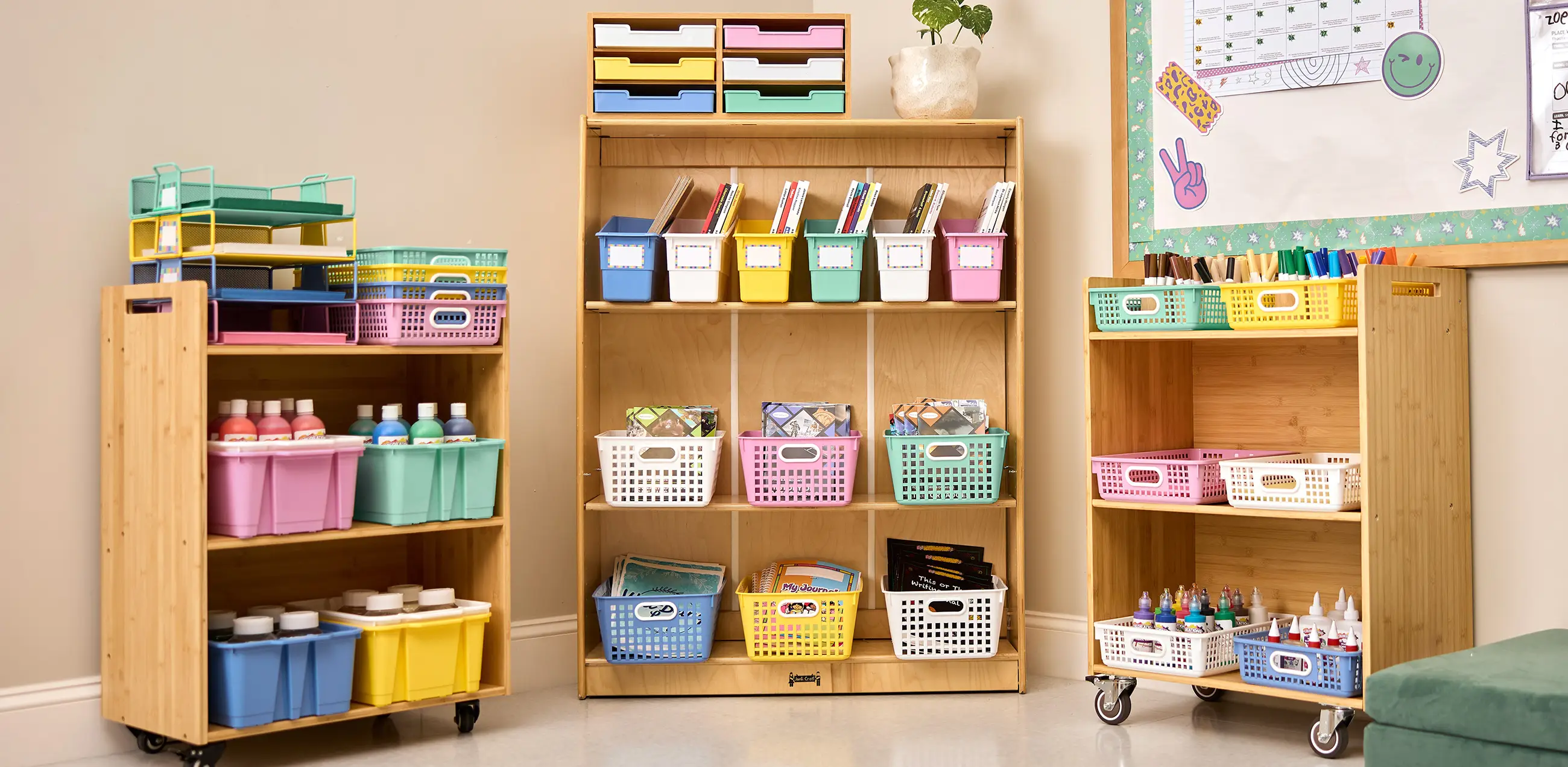 Really Good Vibes classroom collection with colorful baskets, bins and tubs