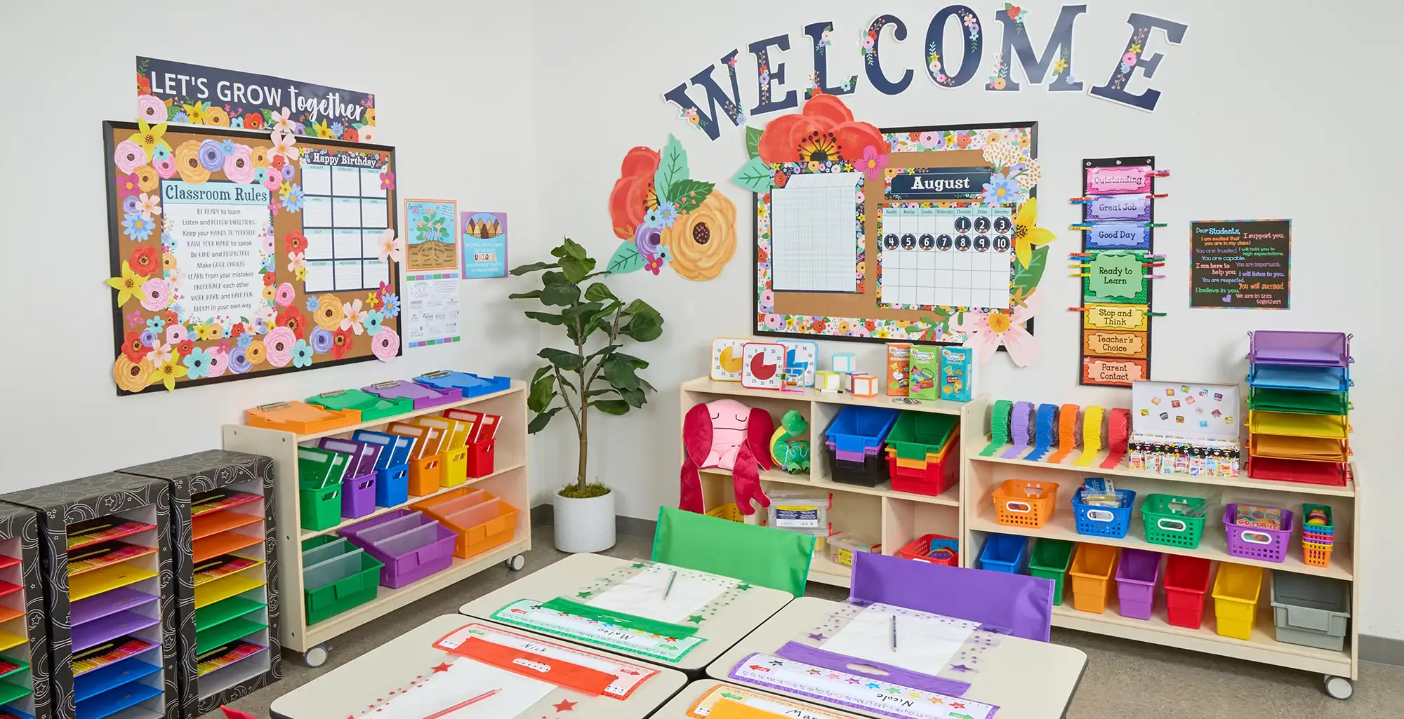 Classroom decorated with colorful rainbow and wildflower designs
