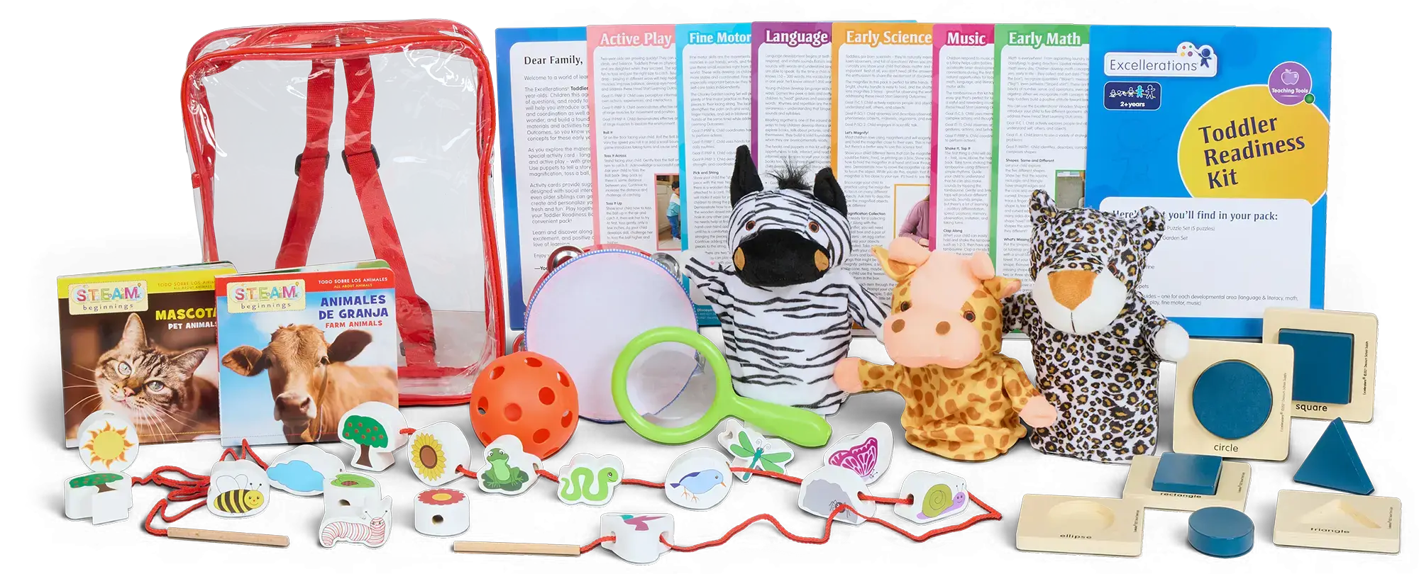 A custom toddler readiness kit with books, puppets, manipulatives and learning materials.