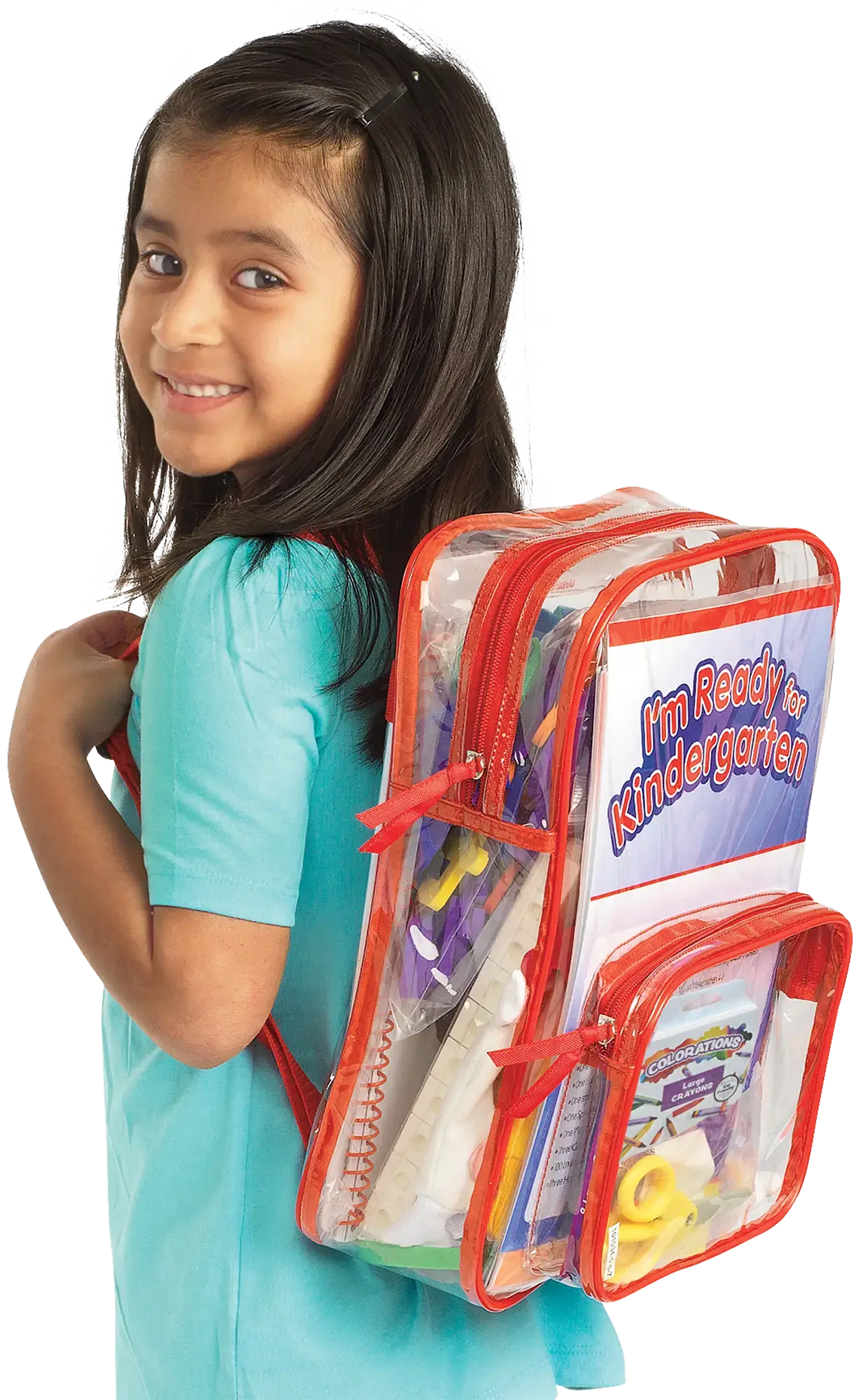 Student wearing a ready-to-ship learning kit backpack